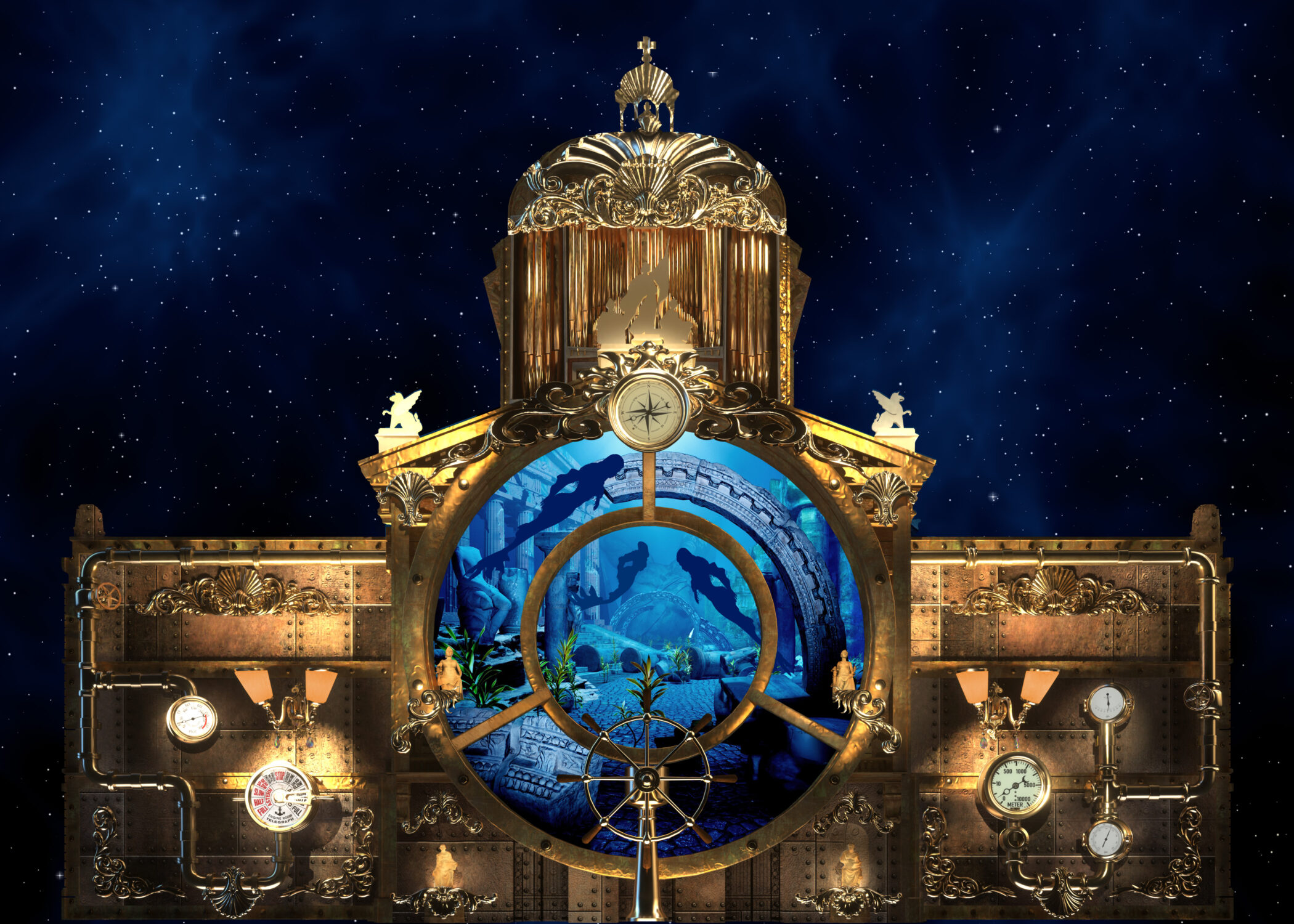Auf den oberen Teil der Bundeshauskuppel ist eine riesige Kirchenorgel projeziert. Das Bundeshaus ist in Steam Punk Stil mit vielen Instrumenten und Geräten eines U-Boots ausgestattet. Ornamente zieren die Kanten des Bundeshaus U-Boots. Unter der Kuppel ist ein Steuerrad aus Messing. Die runde Kuppel des Bundeshauses ist wie ein Bullauge. In diesem Fenster befinden sich Ruinen eines Tempels, von Gebäudeteilen und Säulen auf dem Grund einer Unterwasserwelt. Bläulich schimmernde Siluetten von drei Meerjungfrauen schwimmen durch die Ruinen.